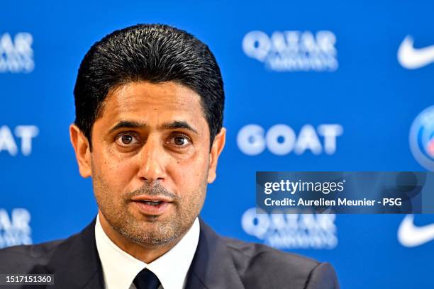 President Nasser Al Khelaifi answers journalists during a press conference at PSG Campus on July 05, 2023 in Poissy, France.