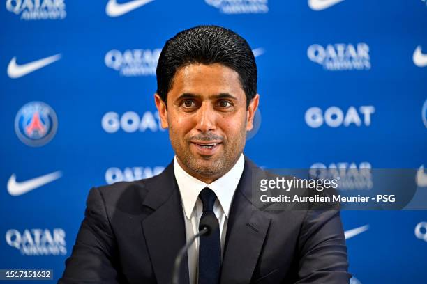 President Nasser Al Khelaifi answers journalists during a press conference at PSG Campus on July 05, 2023 in Poissy, France.
