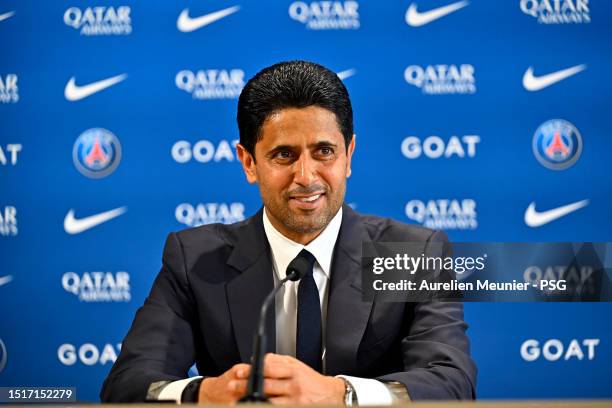 President Nasser Al Khelaifi answers journalists during a press conference at PSG Campus on July 05, 2023 in Poissy, France.