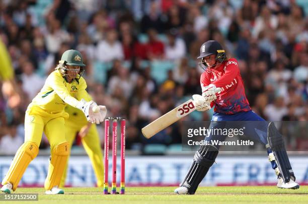 Danni Wyatt of England bats during the Women's Ashes 2nd Vitality IT20 match between England and Australia at The Kia Oval on July 05, 2023 in...