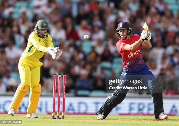 Nat Scriver-Brunt of England bats during the Women's Ashes 2nd Vitality IT20 match between England and Australia at The Kia Oval on July 05, 2023 in...