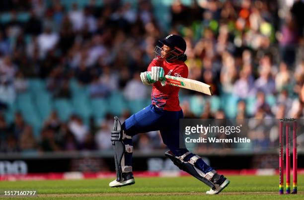 Sophia Dunkley of England bats during the Women's Ashes 2nd Vitality IT20 match between England and Australia at The Kia Oval on July 05, 2023 in...