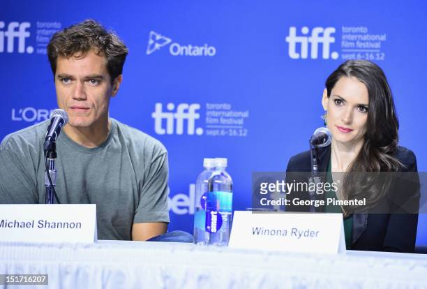 Actors Michael Shannon and actress Winona Ryder speak onstage at the "Iceman" Press Conference during the 2012 Toronto International Film Festival at...