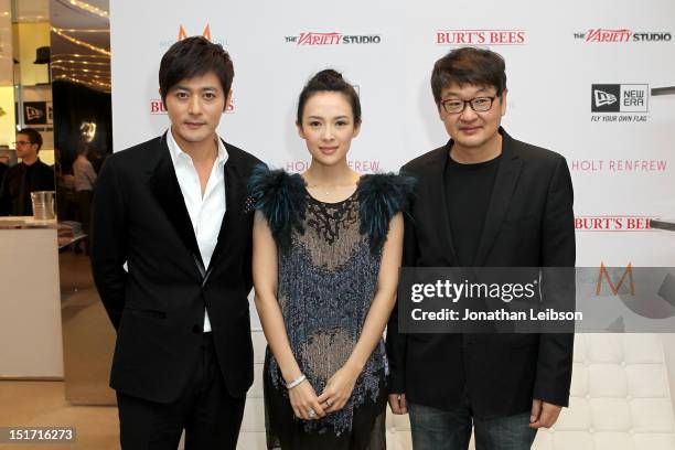 Actors Dong-gun Jang, Ziyi Zhang and director Hur Jin-Ho attend Variety Studio Presented By Moroccanoil At Holt Renfrew - Day 3, Toronto on September...