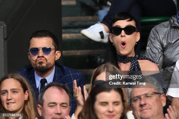 Orlando Bloom and Katy Perry attend day three of the Wimbledon Tennis Championships at All England Lawn Tennis and Croquet Club on July 05, 2023 in...