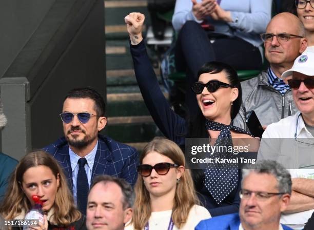 Orlando Bloom and Katy Perry attend day three of the Wimbledon Tennis Championships at All England Lawn Tennis and Croquet Club on July 05, 2023 in...