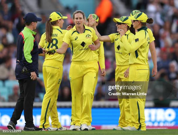 Ellyse Perry is congratulated after dismissing Danielle Gibson of England caught by Darcie Brown of Australia during the Women's Ashes 2nd Vitality...