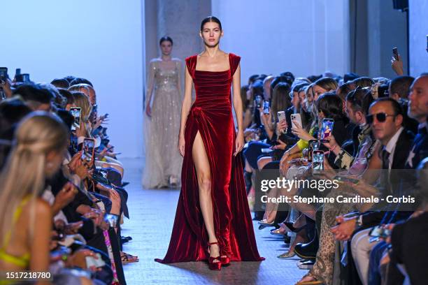 Valery Kaufman walks the runway during the Elie Saab Haute Couture Fall/Winter 2023/2024 show as part of Paris Fashion Week on July 05, 2023 in...