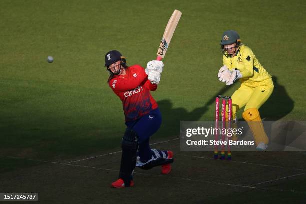 Sophie Ecclestone of England hits a four during the Women's Ashes 2nd Vitality IT20 match between England and Australia at The Kia Oval on July 05,...