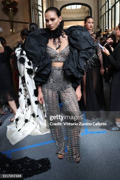 Model Alesya Kafelnikova poses backstage prior to the Zuhair Murad Haute Couture Fall/Winter 2023/2024 show as part of Paris Fashion Week on July 05,...