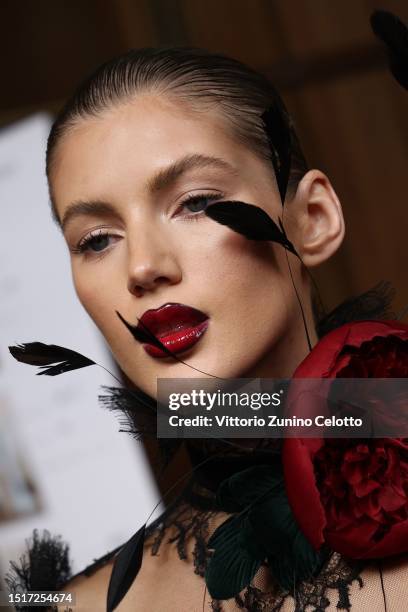 Model poses backstage prior to the Zuhair Murad Haute Couture Fall/Winter 2023/2024 show as part of Paris Fashion Week on July 05, 2023 in Paris,...