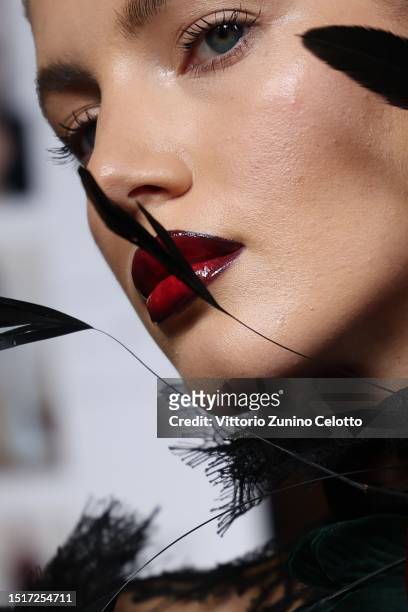 Model poses backstage prior to the Zuhair Murad Haute Couture Fall/Winter 2023/2024 show as part of Paris Fashion Week on July 05, 2023 in Paris,...