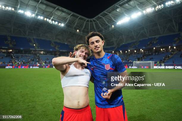 Harvey Elliott of England celebrates with teammate and Player of the Match, Curtis Jones following the UEFA Under-21 Euro 2023 Semi Final match...