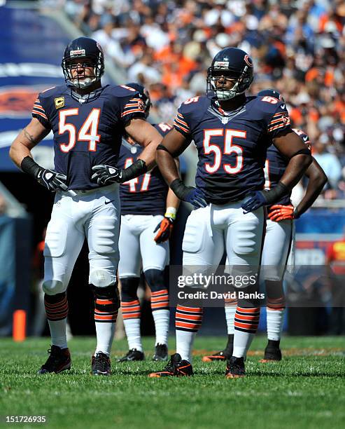 Brian Urlacher and Lance Briggs of the Chicago Bears play defense against the Indianapolis Colts on September 9, 2012 during their 2012 NFL season...