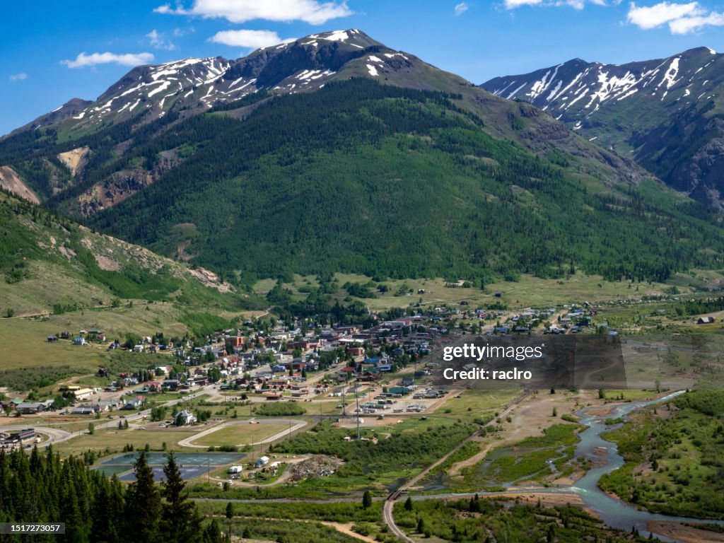 Distant city view from high above Silverton, Colorado in the San Juan Mountains.