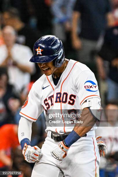 Jeremy Pena of the Houston Astros celebrates after hitting a two-run home run in the fourth inning against the Colorado Rockies at Minute Maid Park...