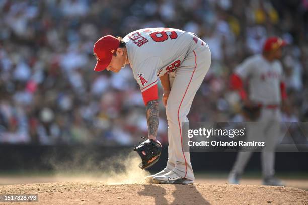 Gerardo Reyes of the Los Angeles Angels prepares to pitch against the San Diego Padres during the seventh inning at PETCO Park on July 04, 2023 in...