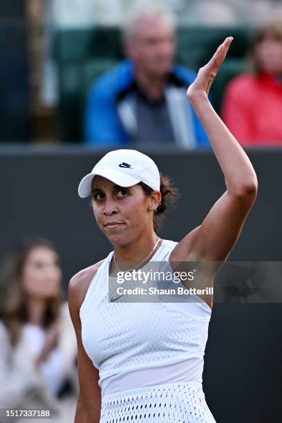 Madison Keys of United States celebrates winning match point against Sonay Kartal of Great Britain in the Women's Singles first round match during...