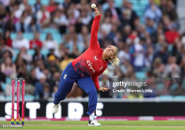 Sarah Glenn of England bowls during the Women's Ashes 2nd Vitality IT20 match between England and Australia at The Kia Oval on July 05, 2023 in...