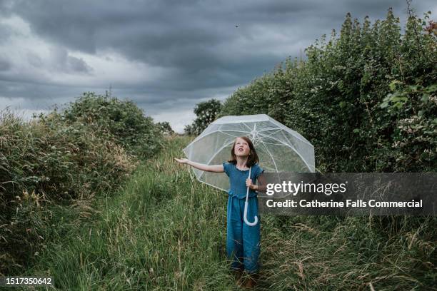 a child under an umbrella puts her hand out, expecting to feel raindrops imminently - see through shoe stock pictures, royalty-free photos & images