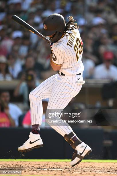 Fernando Tatis Jr. #23 of the San Diego Padres avoids an inside pitch during the fifth inning against the Los Angeles Angels at PETCO Park on July...