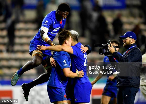 France U20 players celebrate after winning the match during the World Rugby U20 Championship 2023 semi final match between France and England at...