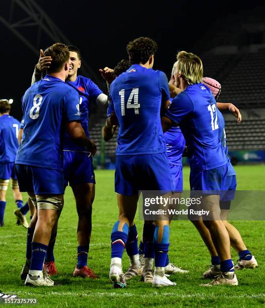 Hugo Reus of France U20 celebrates scoring a try during the World Rugby U20 Championship 2023 semi final match between France and England at Athlone...