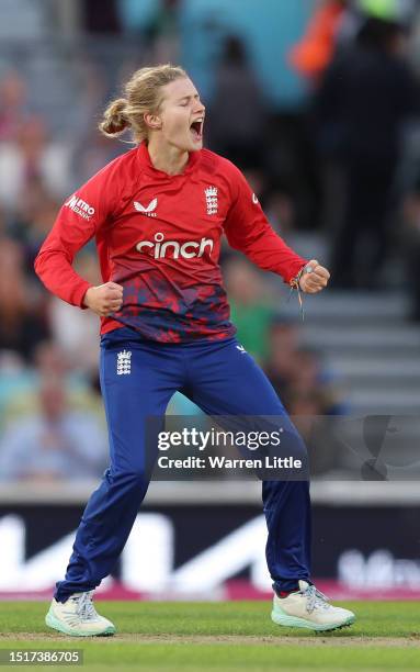 Charlie Dean of England celebrates bowling Grace Harris of Australia during the Women's Ashes 2nd Vitality IT20 match between England and Australia...