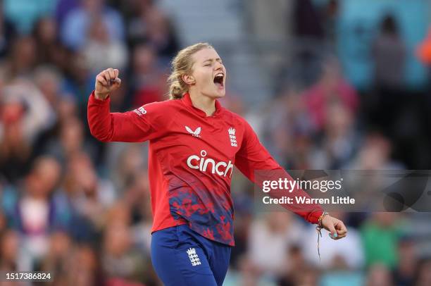 Charlie Dean of England celebrates bowling Grace Harris of Australia during the Women's Ashes 2nd Vitality IT20 match between England and Australia...