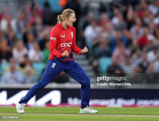 Charlie Dean of England celebrates bowling Grace Harris of Australia during the Women's Ashes 2nd Vitality IT20 match between England and Australia...