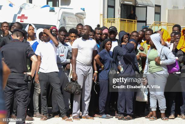 Migrants arrive at the Lampedusa Hotspot on July 04, 2023 in Lampedusa, Italy. The Contrada Imbriacola hotspot of Lampedusa, now managed by Croce...