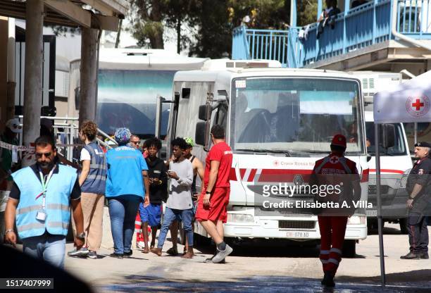 Migrants arrive at the Lampedusa Hotspot on July 04, 2023 in Lampedusa, Italy. The Contrada Imbriacola hotspot of Lampedusa, now managed by Croce...