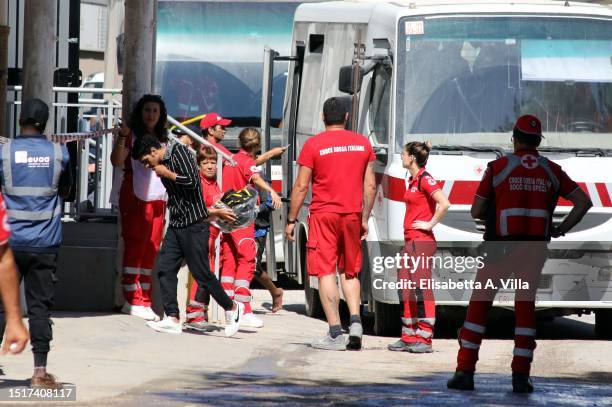 Migrants arrive at the Lampedusa Hotspot on July 04, 2023 in Lampedusa, Italy. The Contrada Imbriacola hotspot of Lampedusa, now managed by Croce...