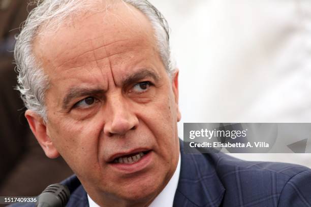 Matteo Piantedosi, Italian Minister of Interior, is seen at Lampedusa on July 04, 2023 in Lampedusa, Italy. The Contrada Imbriacola hotspot of...