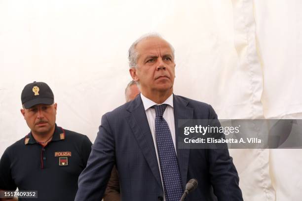 Matteo Piantedosi, Italian Minister of Interior, is seen at Lampedusa on July 04, 2023 in Lampedusa, Italy. The Contrada Imbriacola hotspot of...