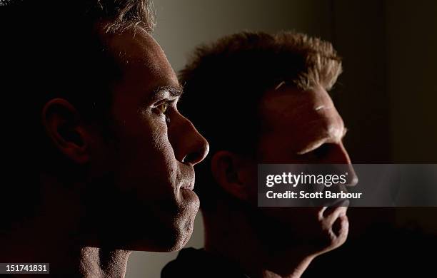 Nick Maxwell, captain of the Magpies and Nathan Buckley, coach of the Magpies speak to the media during a Collingwood Magpies AFL media session at...