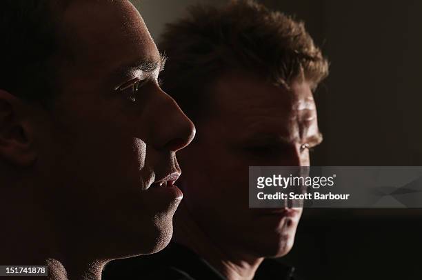 Nick Maxwell, captain of the Magpies and Nathan Buckley, coach of the Magpies speak to the media during a Collingwood Magpies AFL media session at...