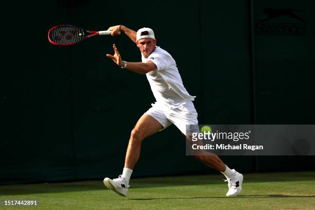 Tommy Paul of United States plays a forehand against Shintaro Mochizuki of Japan in the Men's Singles first round match during day three of The...