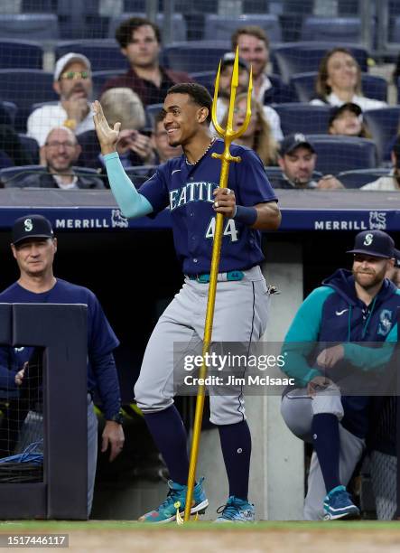 Julio Rodriguez of the Seattle Mariners in action against the New York Yankees at Yankee Stadium on June 22, 2023 in the Bronx borough of New York...