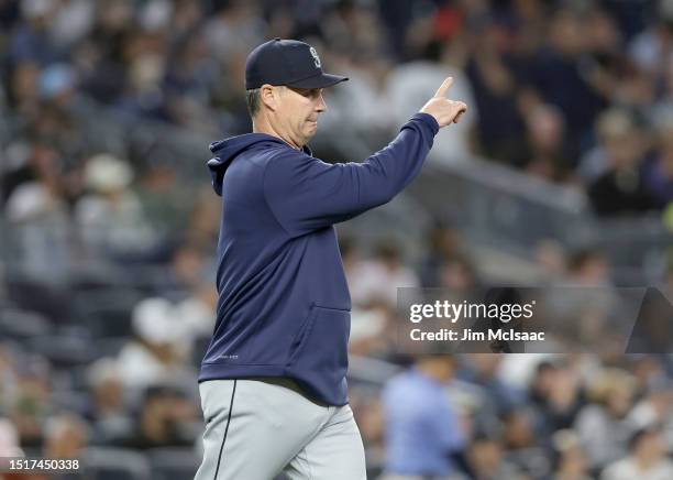 Manager Scott Servais of the Seattle Mariners in action against the New York Yankees at Yankee Stadium on June 22, 2023 in the Bronx borough of New...