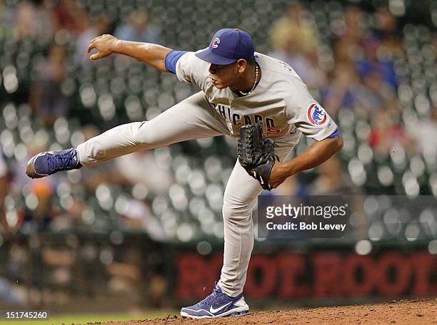 Carlos Marmol of the Chicago Cubs pitches in the ninth inning against the Houston Astros at Minute Maid Park on September 10, 2012 in Houston, Texas....