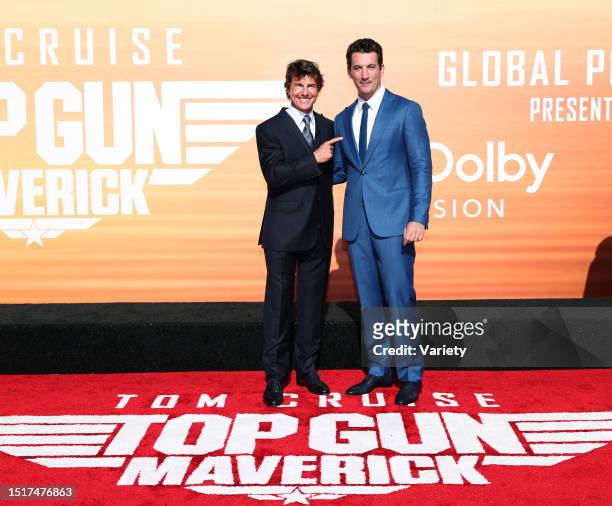 Tom Cruise and Miles Teller at the premiere of 'Top Gun: Maverick' held at USS Midway on May 4th, 2022 in San Diego, California.