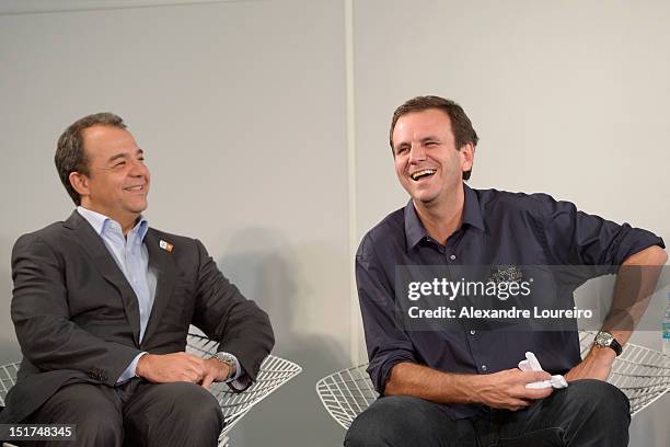 Governor of Rio de Janeiro Sergio Cabral Filho and Mayor of Rio de Janeiro Eduardo Paes during a press conference at the arrival of Paralympic flag...