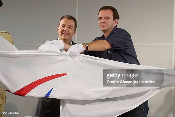 Governor of Rio de Janeiro Sergio Cabral Filho and Mayor of Rio de Janeiro Eduardo Paes during a press conference at the arrival of Paralympic flag...