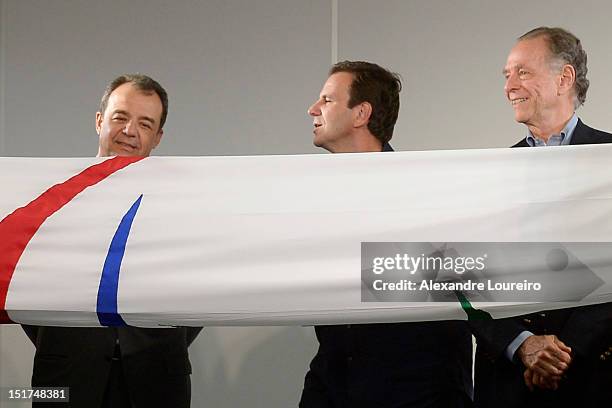 Governor of Rio de Janeiro Sergio Cabral Filho, Mayor of Rio de Janeiro Eduardo Paes and President of Rio 2016 Commite Carlos Arthur Nuzman during a...