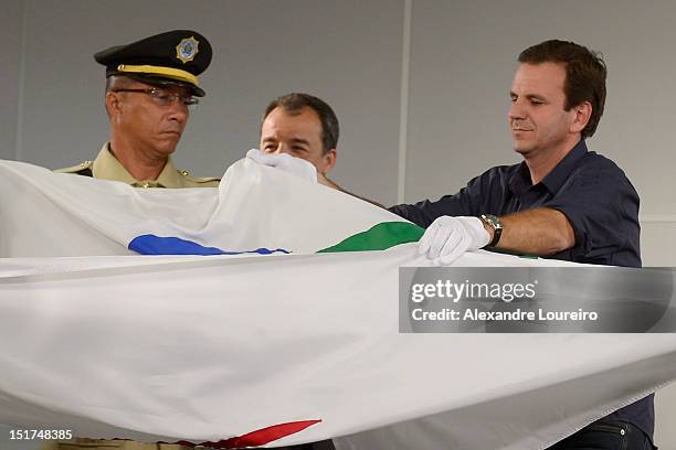 Governor of Rio de Janeiro Sergio Cabral Filho and Mayor of Rio de Janeiro Eduardo Paes during a press conference at the arrival of Paralympic flag...