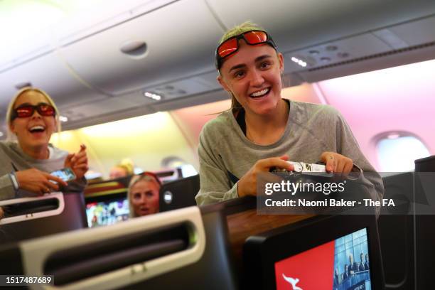 Georgia Stanway of England reacts as the Lionesses depart for the FIFA Women's World Cup at Heathrow Airport on July 05, 2023 in London, England.