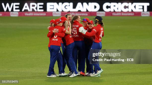 Sophie Ecclestone of England celebrates with teammates at the end of the Women's Ashes 2nd Vitality IT20 match between England and Australia at The...