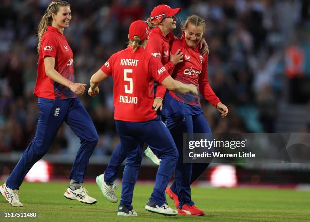 The England team celebrate the Women's Ashes 2nd Vitality IT20 match between England and Australia at The Kia Oval on July 05, 2023 in London,...