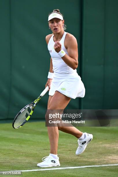 Yanina Wickmayer of Belgium celebrates against Anna Blinkova in the Women's Singles first round match during day three of The Championships Wimbledon...